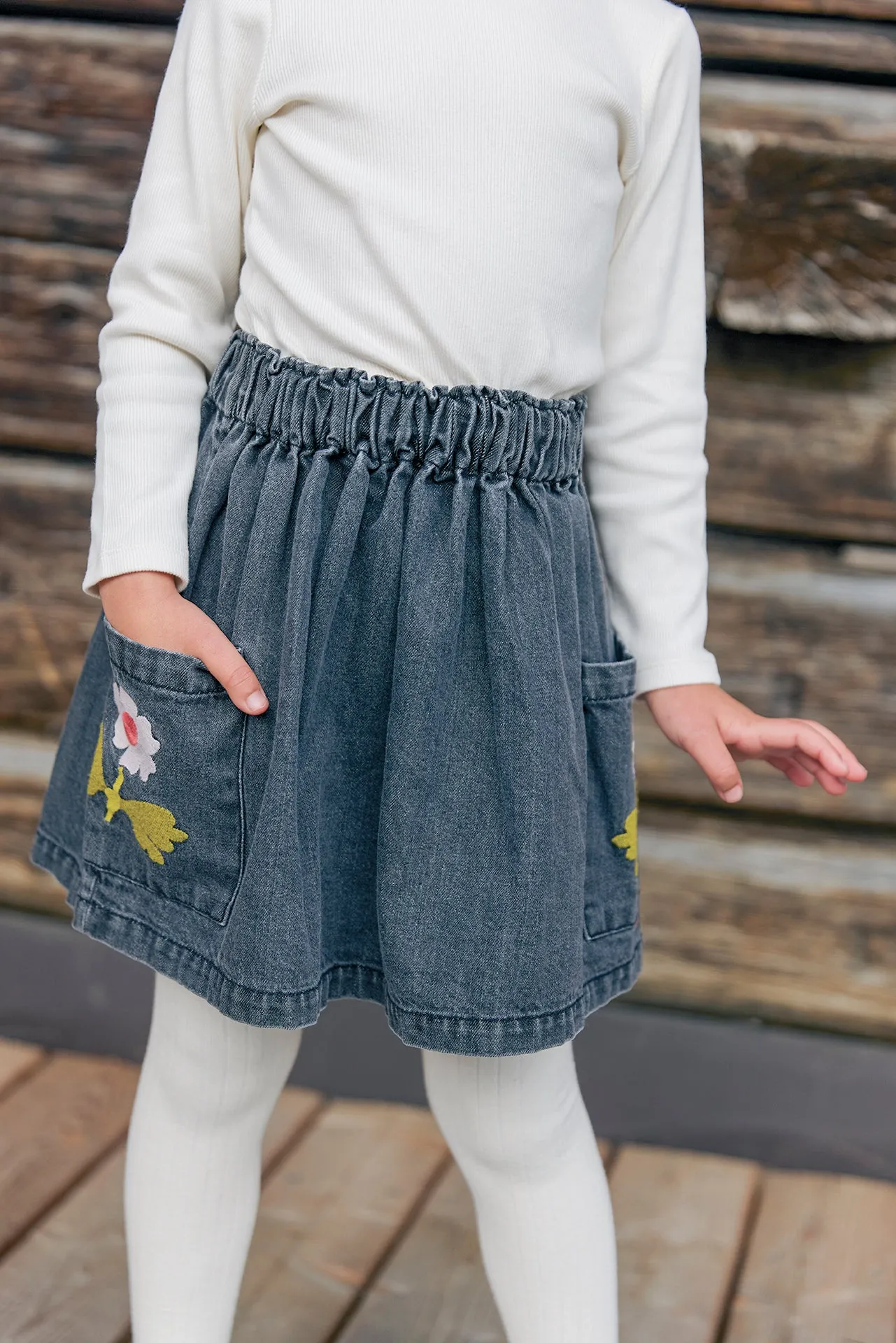Bonton Mochi nederdel denim grå elastik blomst