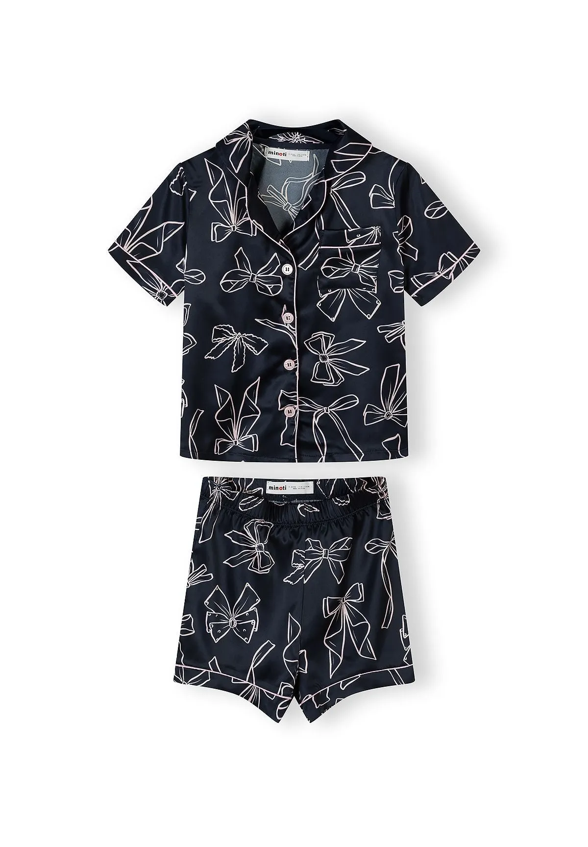 Minoti 44910 pyjamas mørkeblå satin med sløjfer