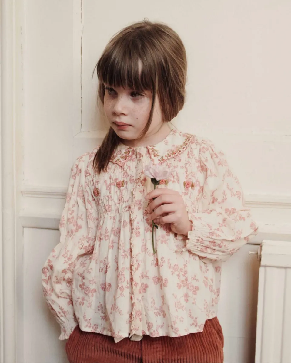 Emile et Ida Smockée bluse ecru rosa blomster pige