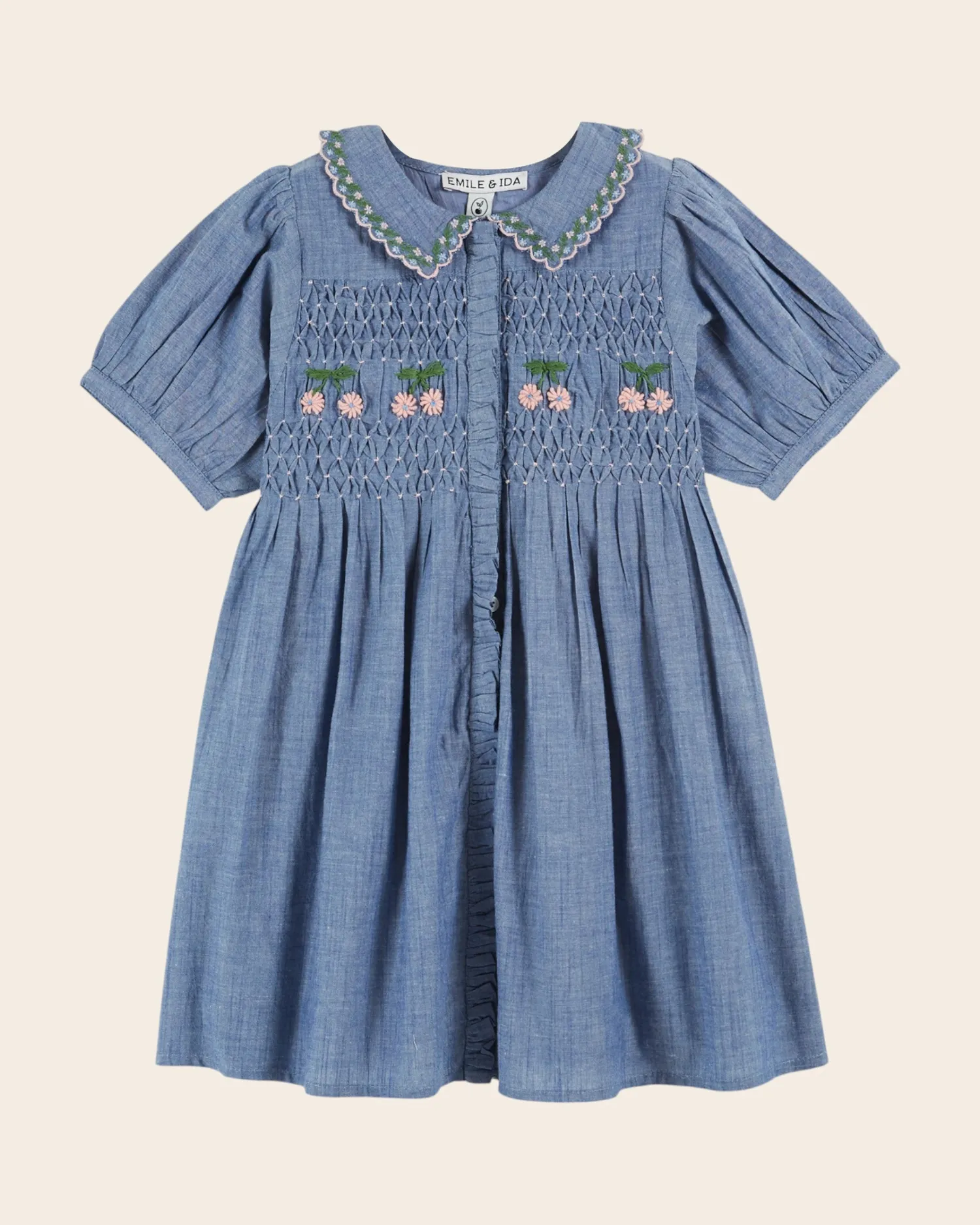 Emile et Ida Brodé smocké chambray kjole blå bomuld