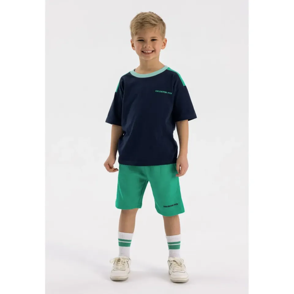 Minoti 42518 sæt T-shirt shorts navy grøn til drenge