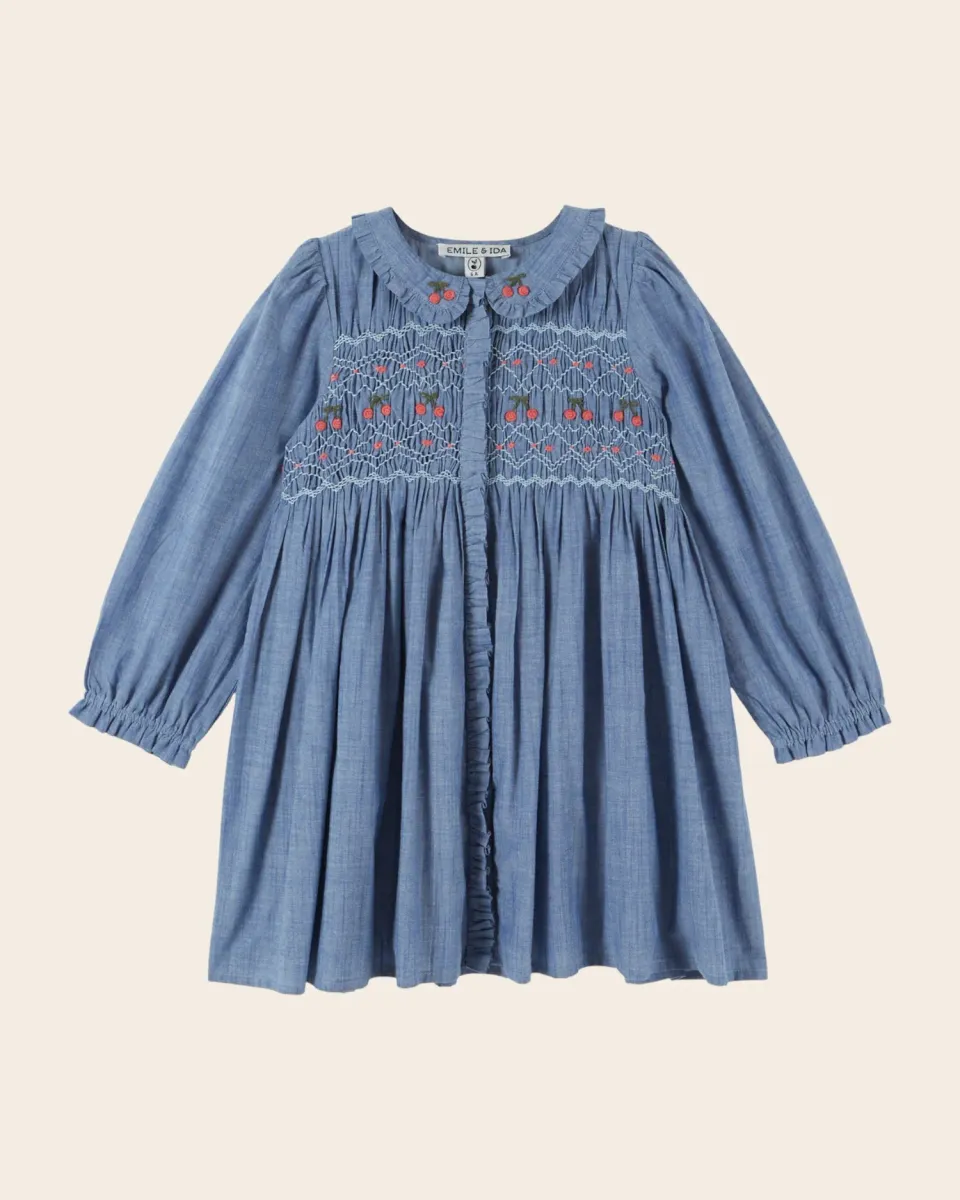 Emile et Ida Robe Smockée Chambray kjole blå 03M-14A