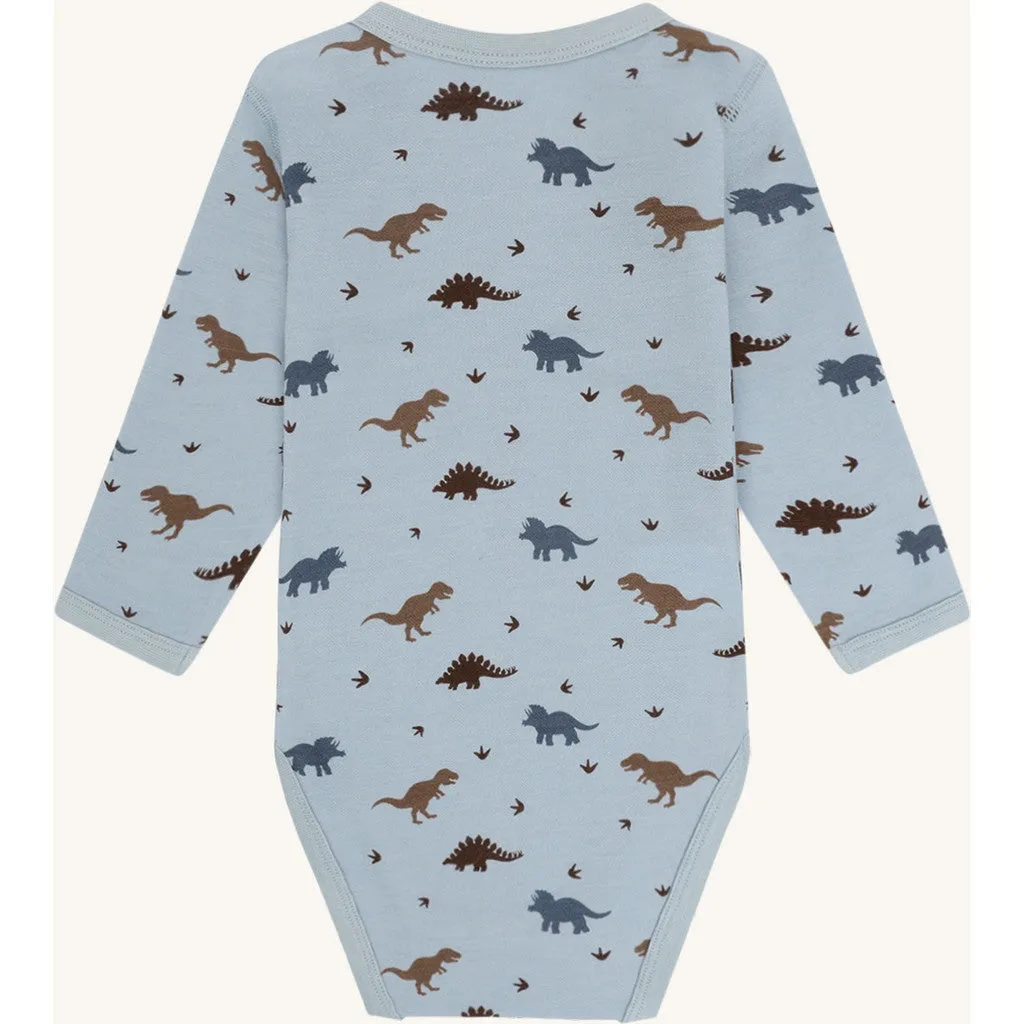 Hust & Claire HCBaloo Dino langærmet body Baby Blue uld