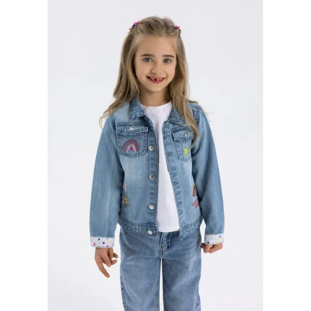 Minoti 42699 jeansjakke lyseblå broderi til piger