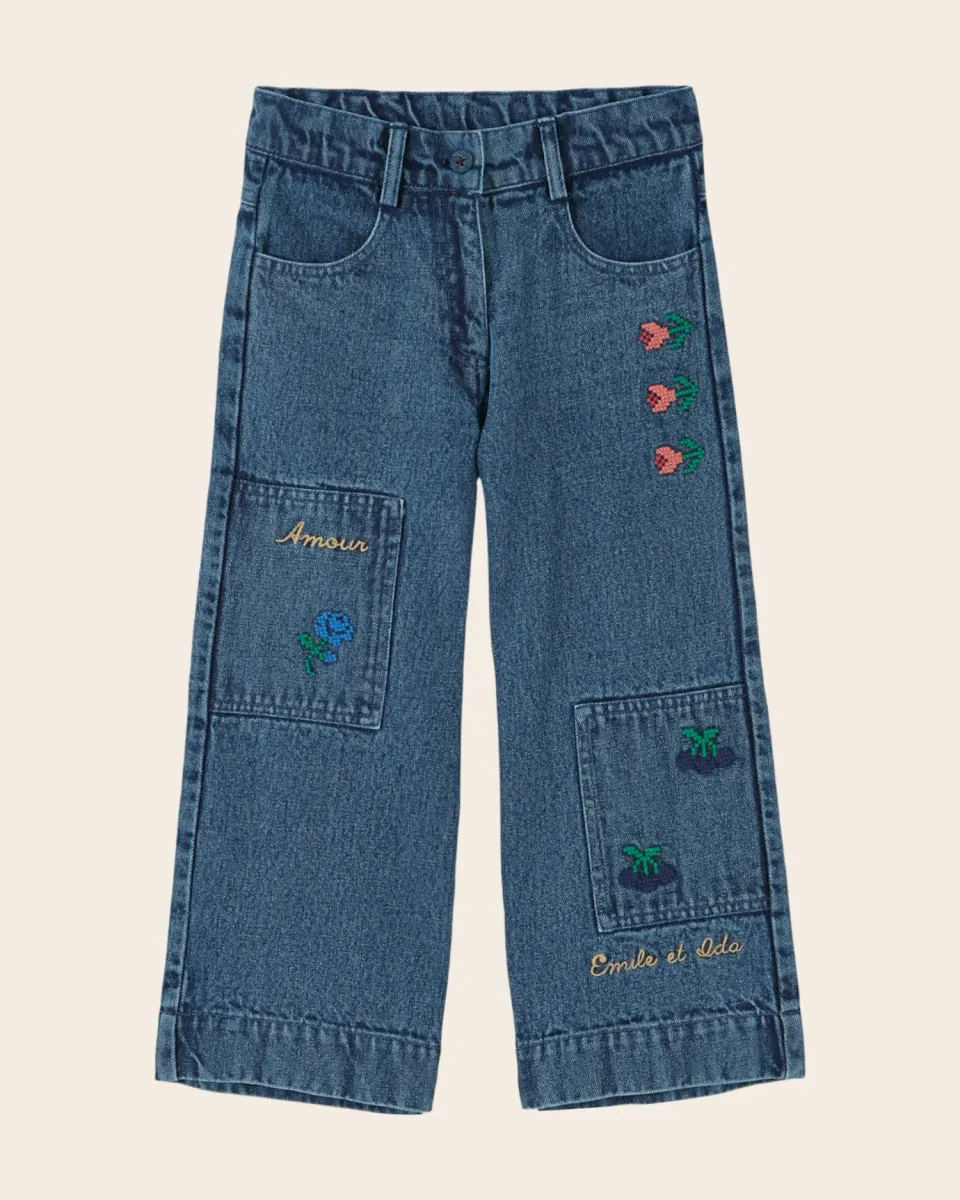 Emile et Ida denimbukser blå broderet blomst børn