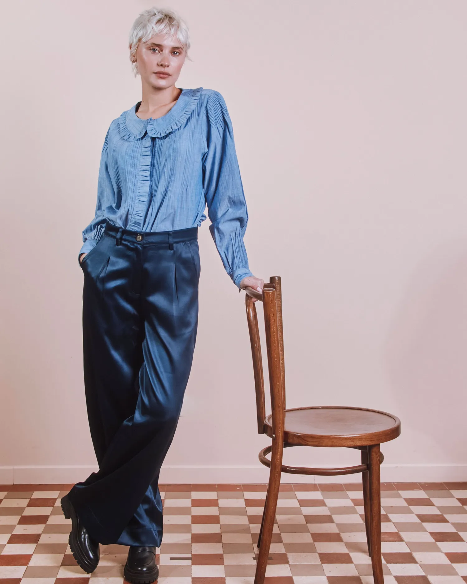 Emile et Ida Ella bluse chambray blå plisseret