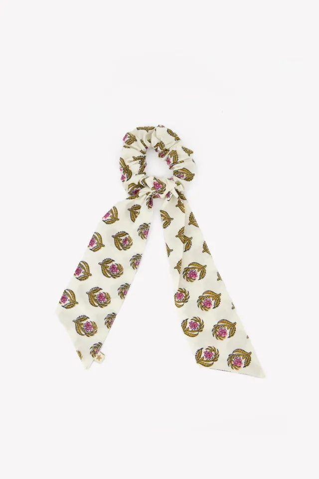 Bonton Blockprint scrunchie ecru blomst