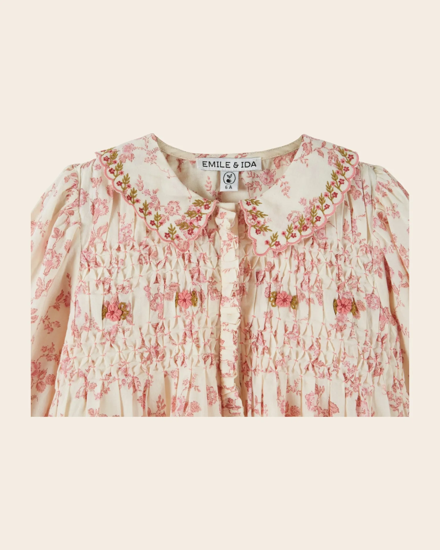 Emile et Ida Smockée bluse ecru rosa blomster pige