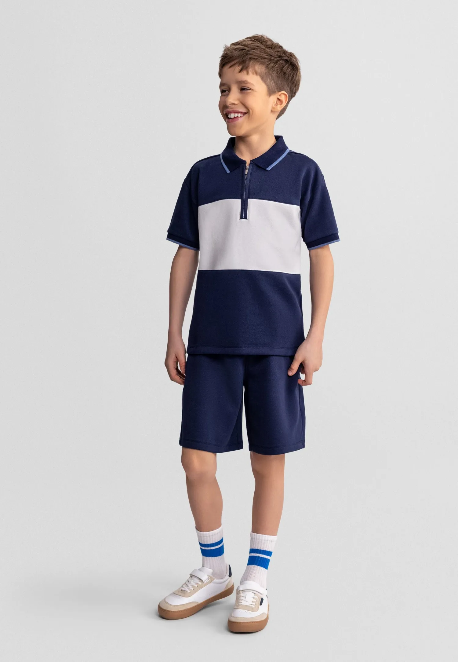 Minoti 44887 polo shorts sæt mørkeblå piqué