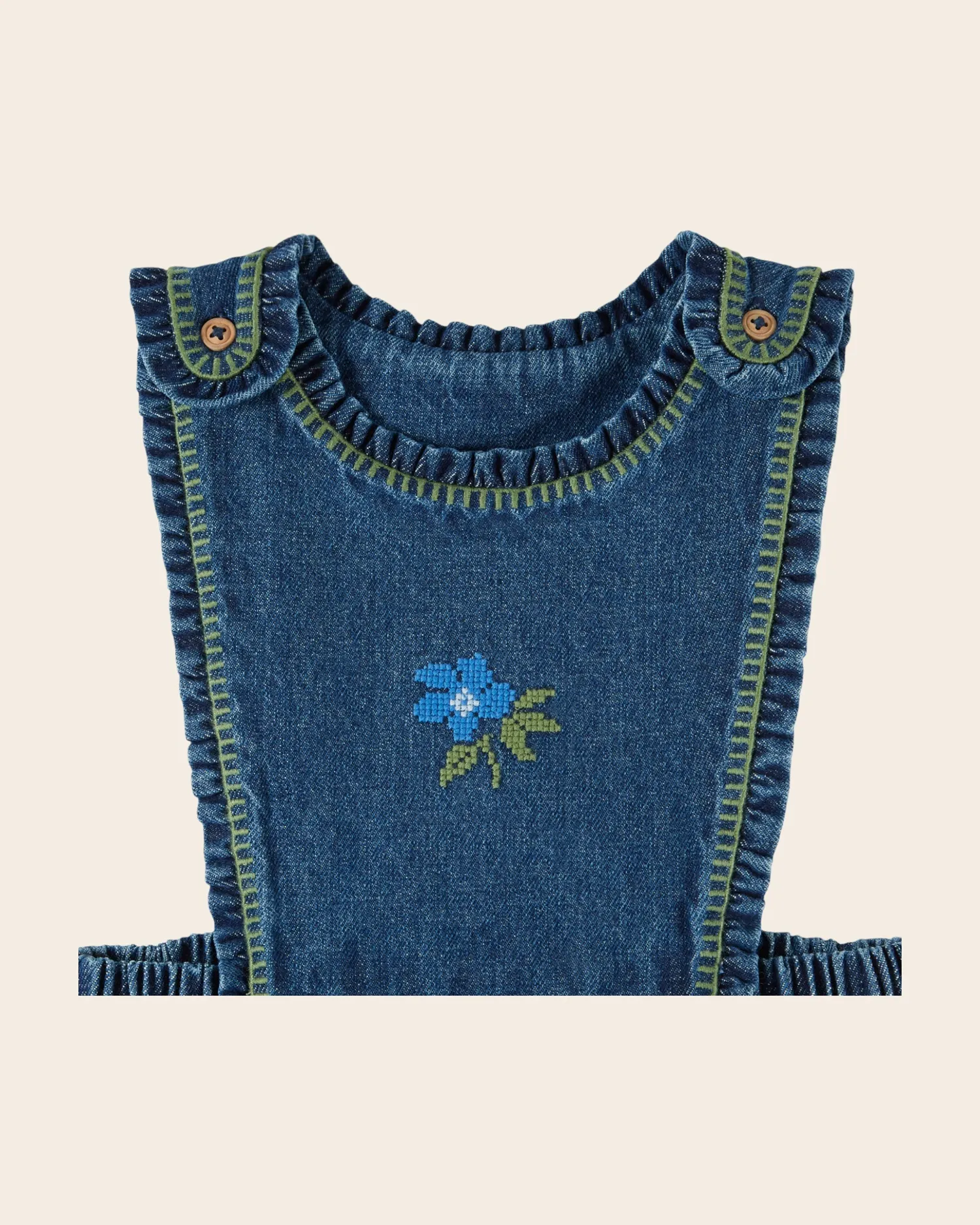 Emile et Ida smækkjole denim blå broderet blomst
