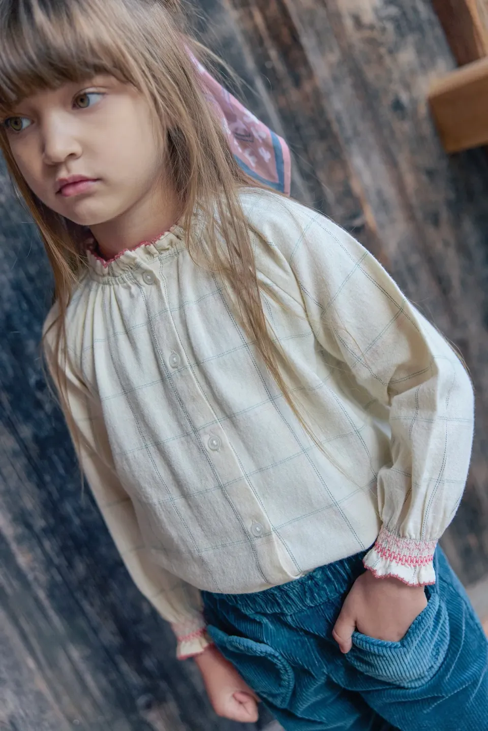 Bonton Reinette bluse ternet flannel rød stikning