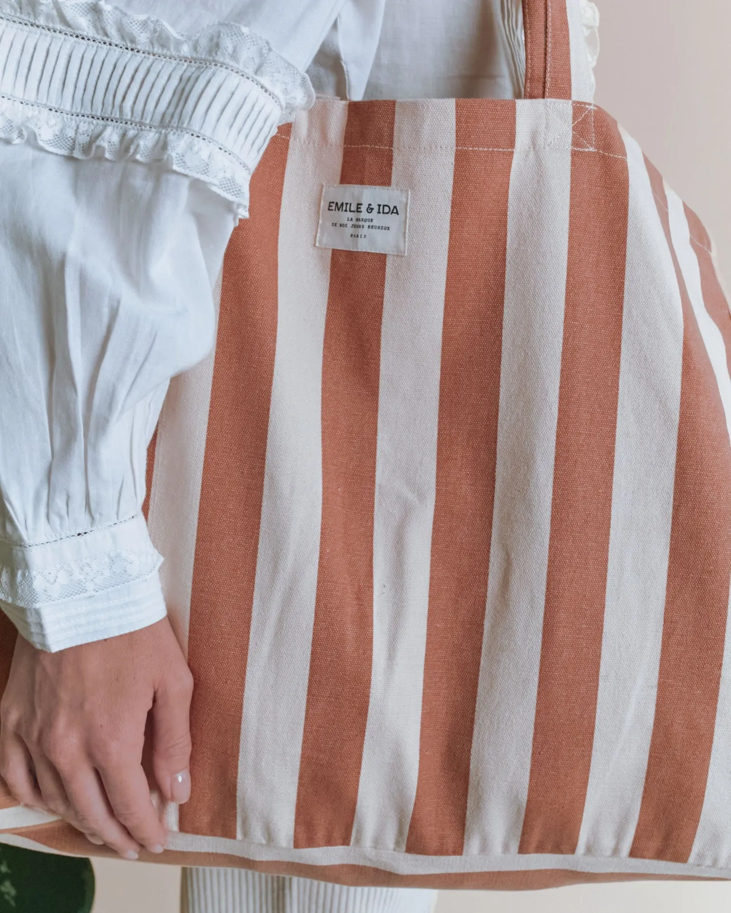 Emile et Ida tote bag stribet beige stor