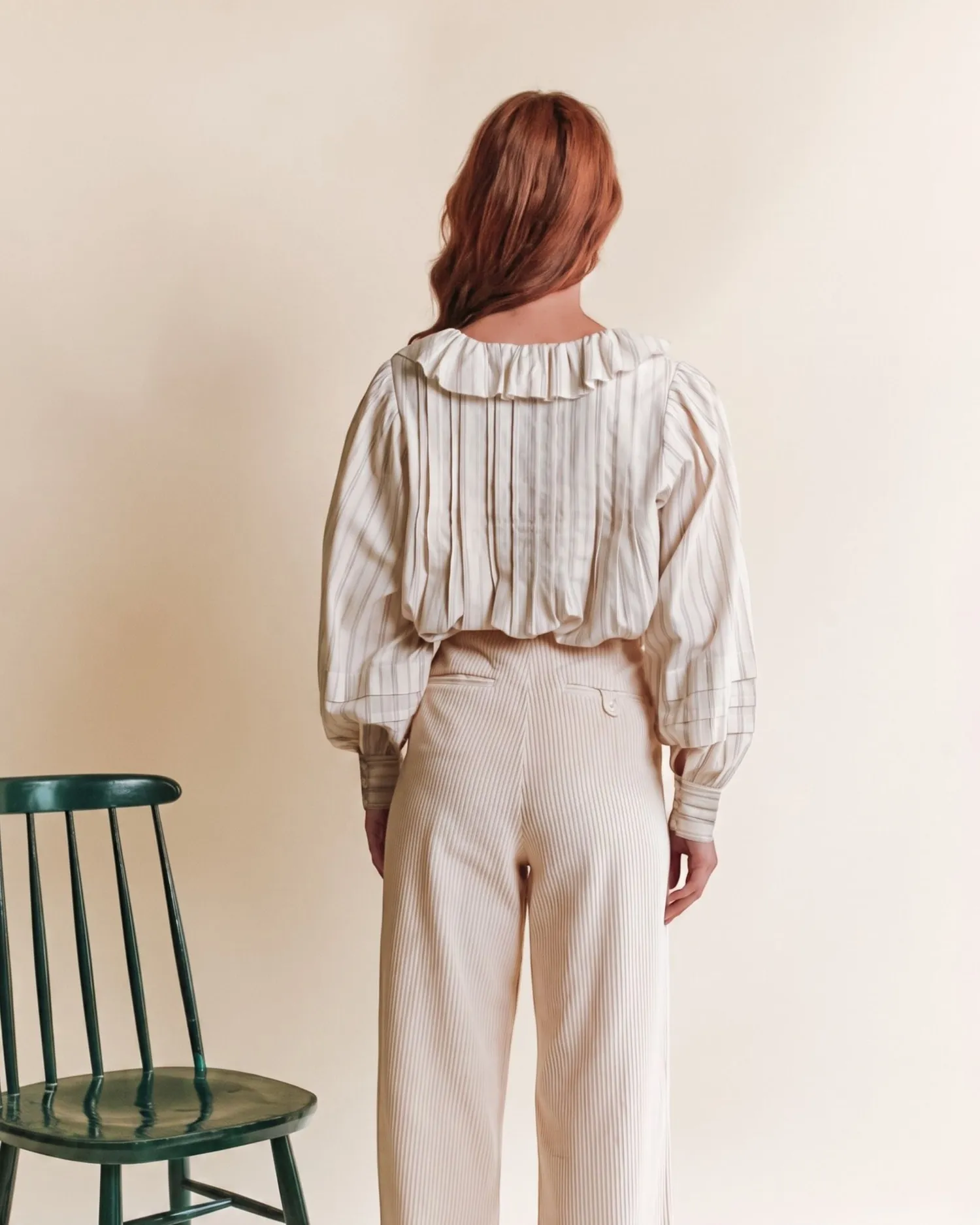 Emile et Ida Nise bluse ecru stribet khadi volant