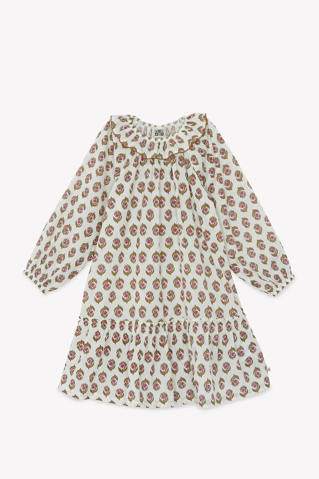 Bonton Daria kjole blockprint ecru bomuld 2-14A