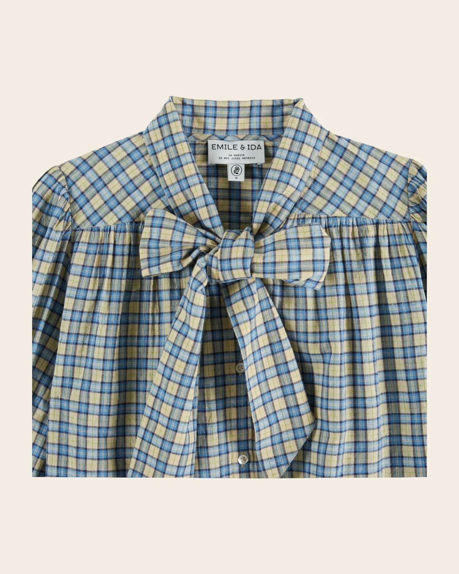 Emile et Ida Carreaux bleu et beige bluse beige ternet